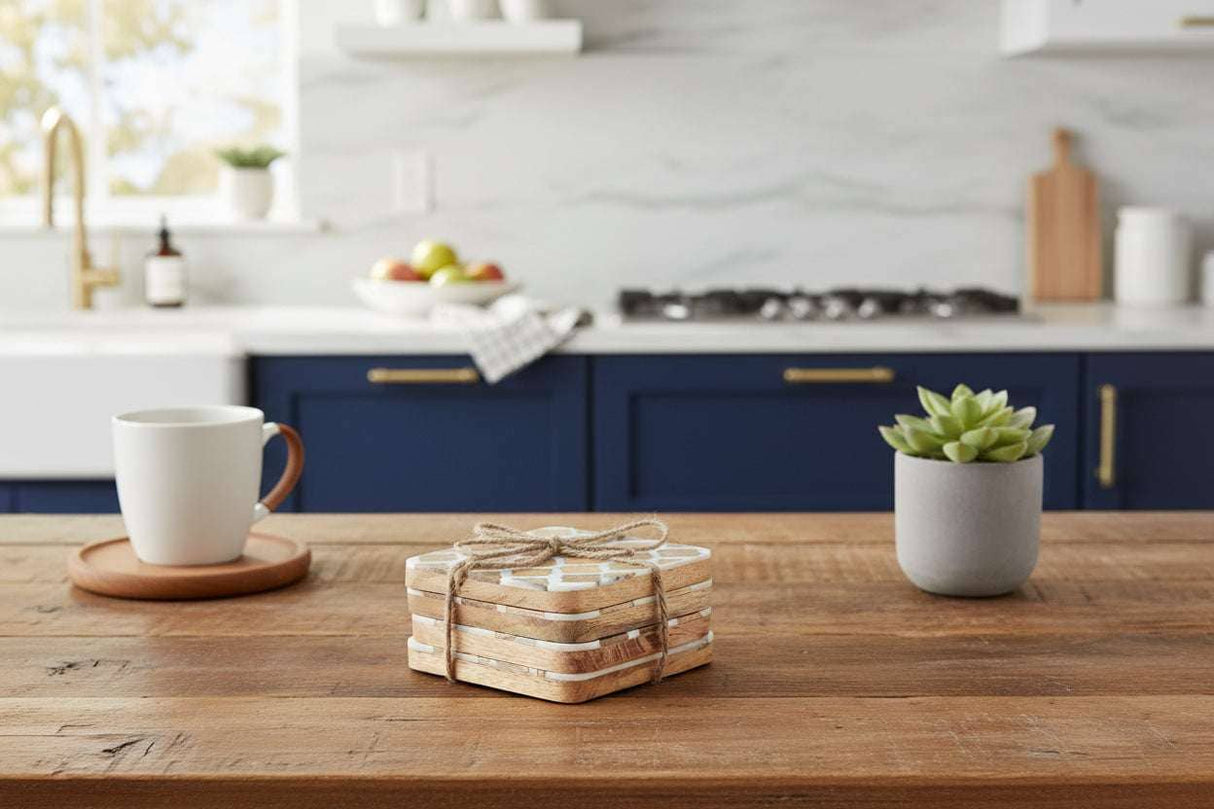 Set Of 4 Wood Effect White Geometric Coasters BROWN WOOD Shades 4 Seasons