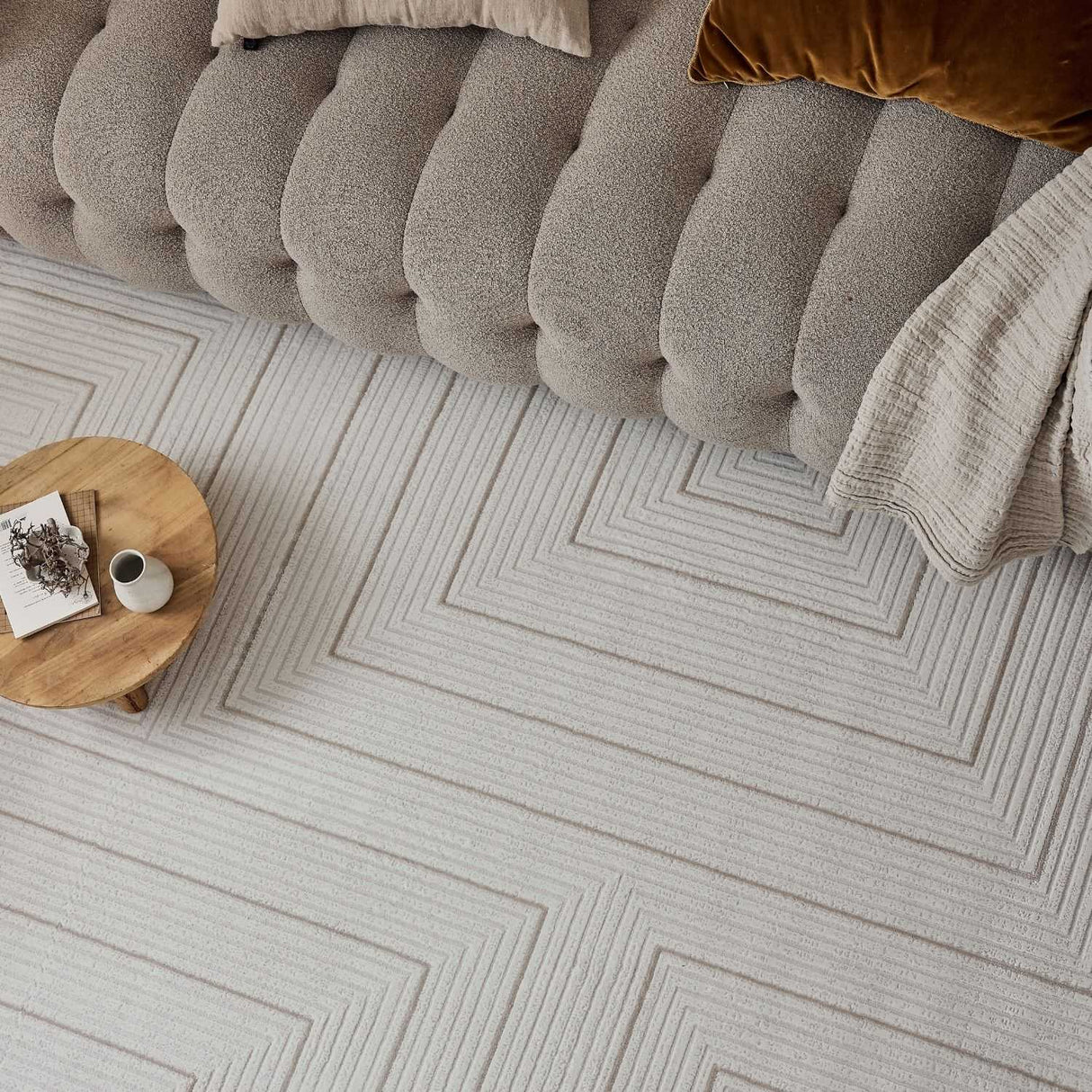 Stylish Geometric Rug in Neutral Tones, Enhancing Modern Living Room Decor