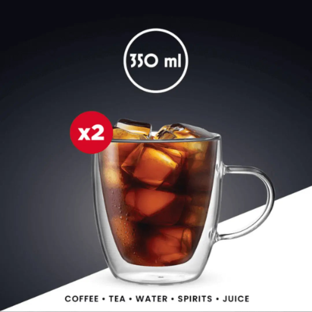 Set of two 350 ml glass mugs ideal for coffee, tea, water, or juice with an elegant design