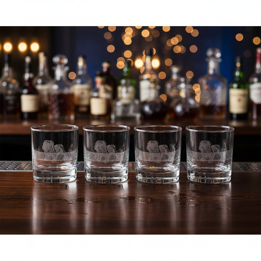 Set of four Selbrae House glass tumblers with intricate lion design, perfect for entertaining guests
