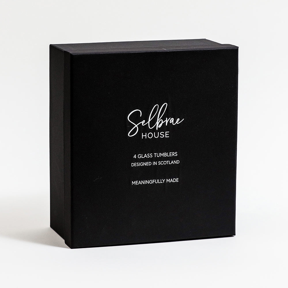 Selbrae House gift box containing 4 elegant glass tumblers designed in Scotland