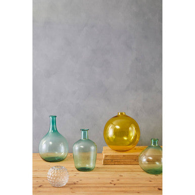 Collection of Orsina Glass Vases in various shapes and colours on a wooden table