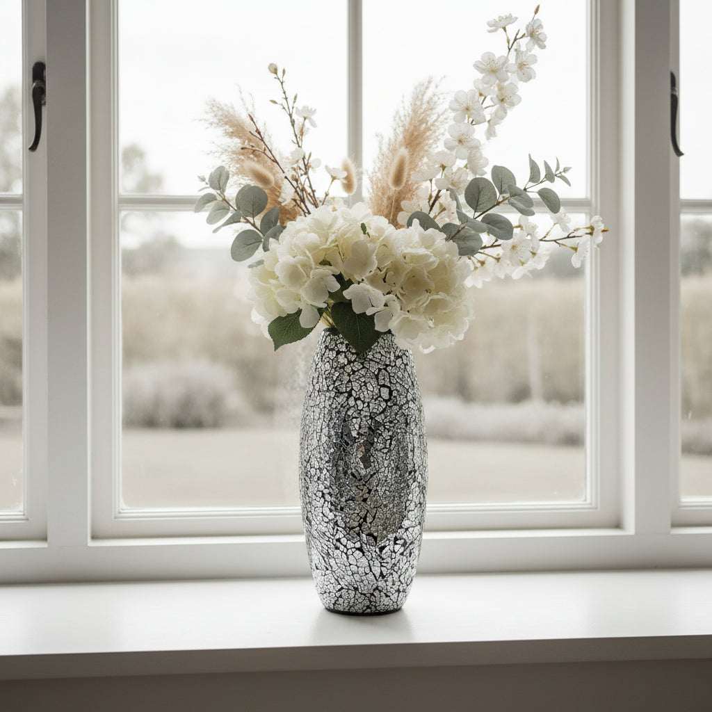 Stylish Glitter Vase from London Boutique Lifestyle with Floral Arrangement on a Windowsill