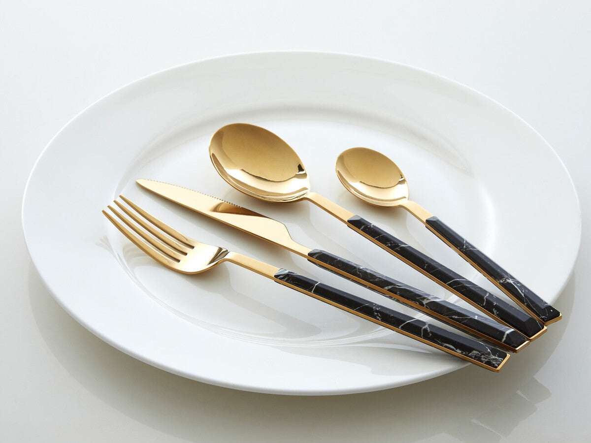 Avie 16 Piece Black Faux Marble Cutlery Set Orsina