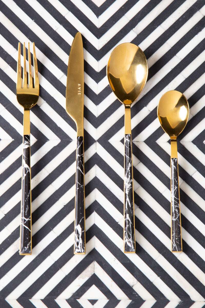 Avie 16 Piece Black Faux Marble Cutlery Set Orsina