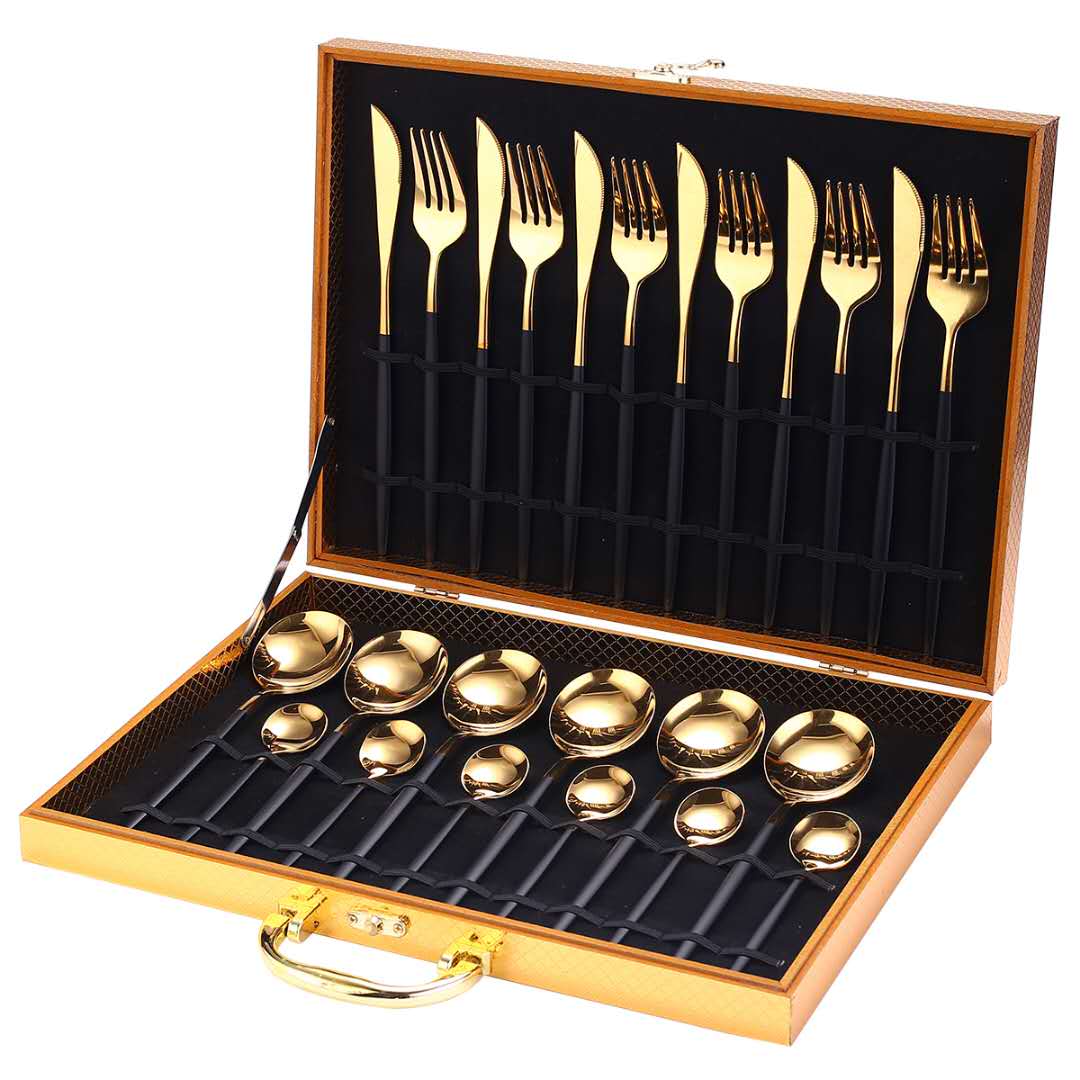 24pcs Gold or Stainless Steel, Boxed Dinnerware Set Black Gold Kitchen Essentials