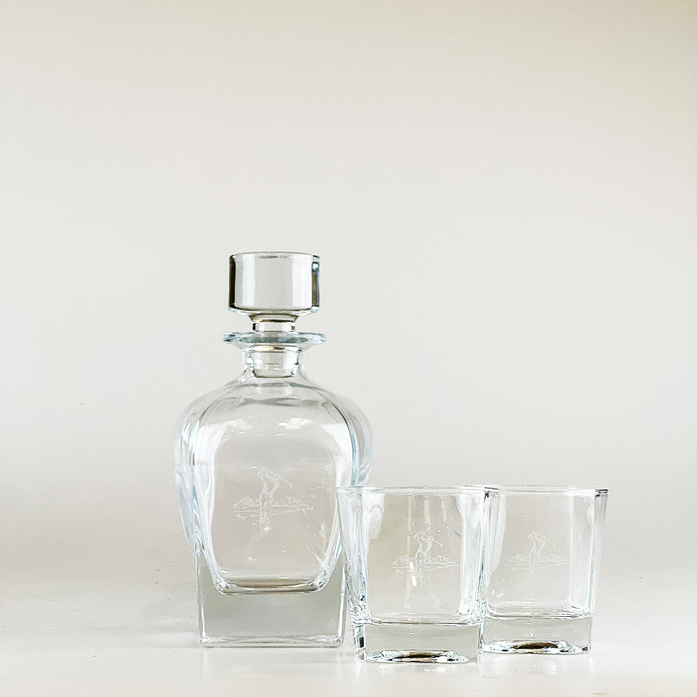 Selbrae House Golf Decanter with Two Engraved Glasses for Elegant Entertaining