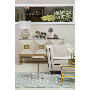 Elegant Grey and White Rug placed under a stylish coffee table in a modern living room setting