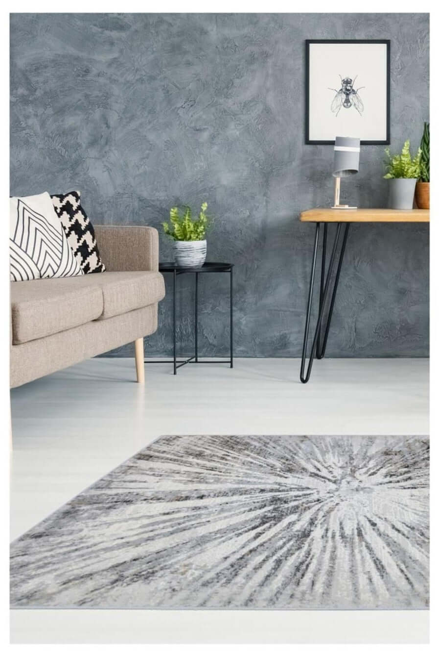 Stylish Grey Rug with a modern abstract design, enhancing a contemporary living room space