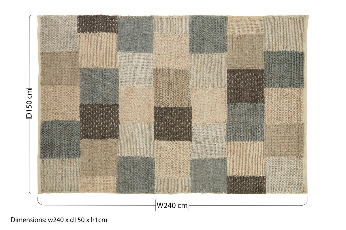 Orsina Grid Design Rug in neutral tones with various textured squares, measuring 240cm by 150cm