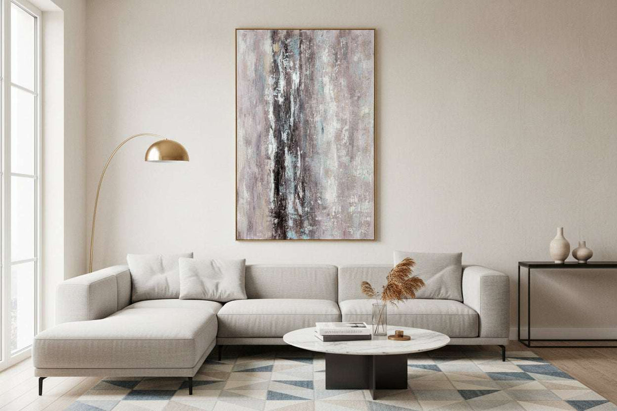 Stylish living room featuring a Hand Painted Canvas artwork above a light grey sofa