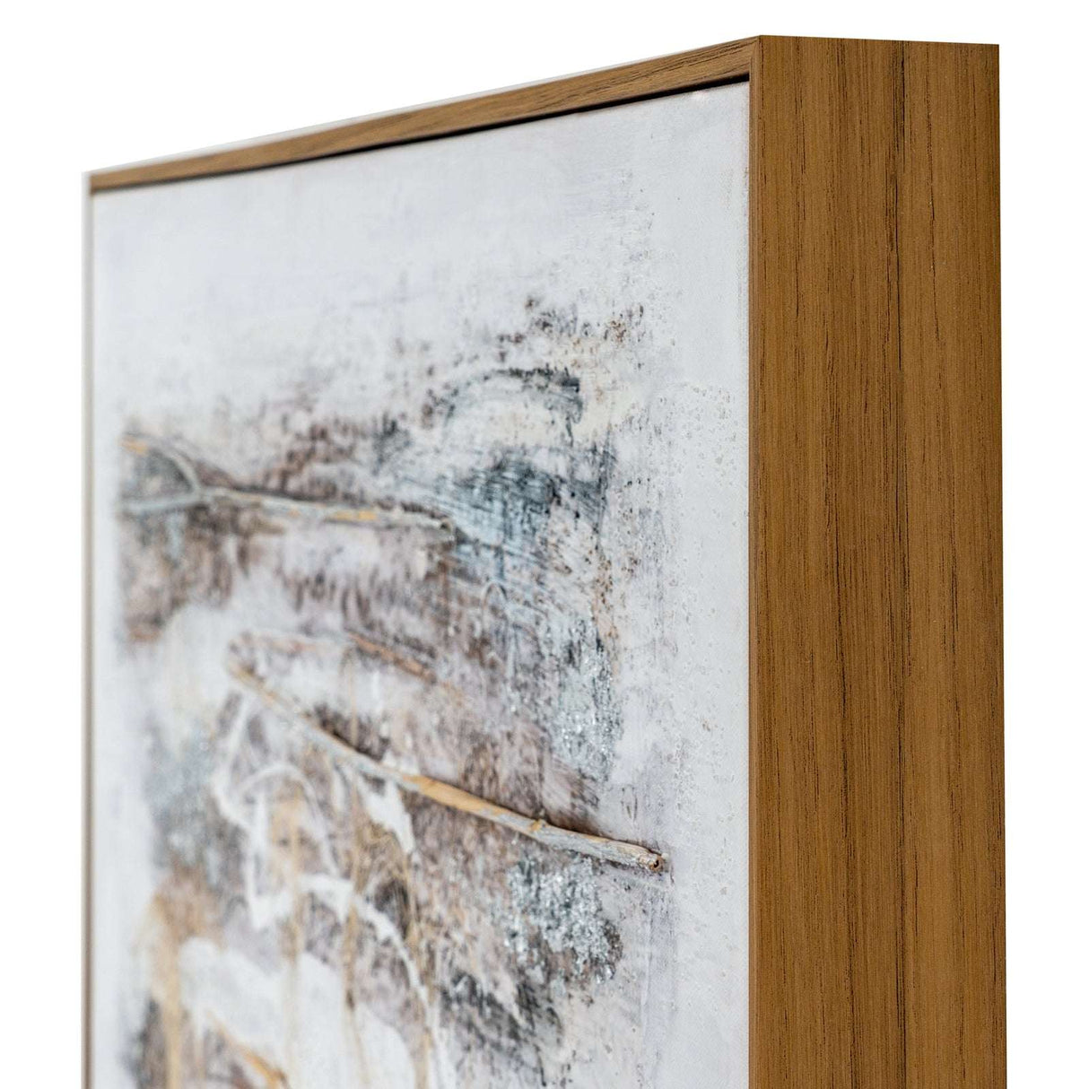 Close-up of a Hand Painted Canvas with a textured abstract design framed in natural wood.