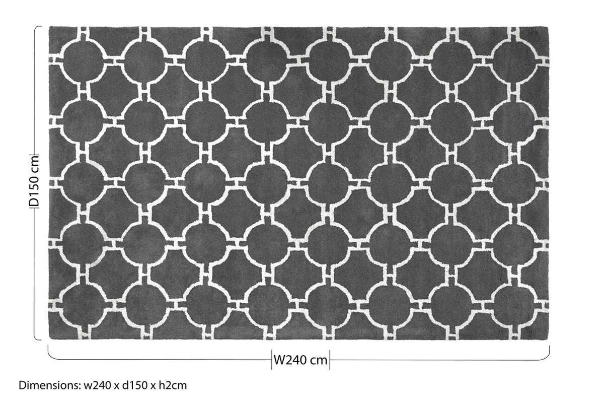 Orsina Hand Woven Rug with geometric pattern in grey, measuring 240 x 150 cm