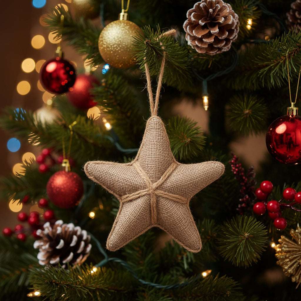 Hanging Star Christmas decoration made of burlap, surrounded by festive baubles and pinecones