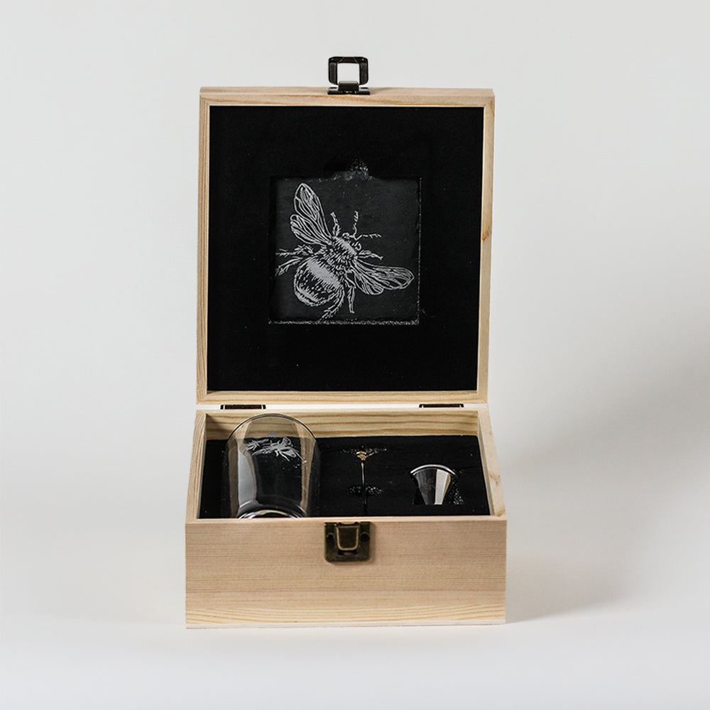 Selbrae House Highball Drinks Set in a wooden box featuring etched bee design and accessories