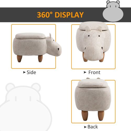 HOMCOM Hippo Storage Stool Cute Decoration Footrest Wood Frame Legs Cream HOMCOM
