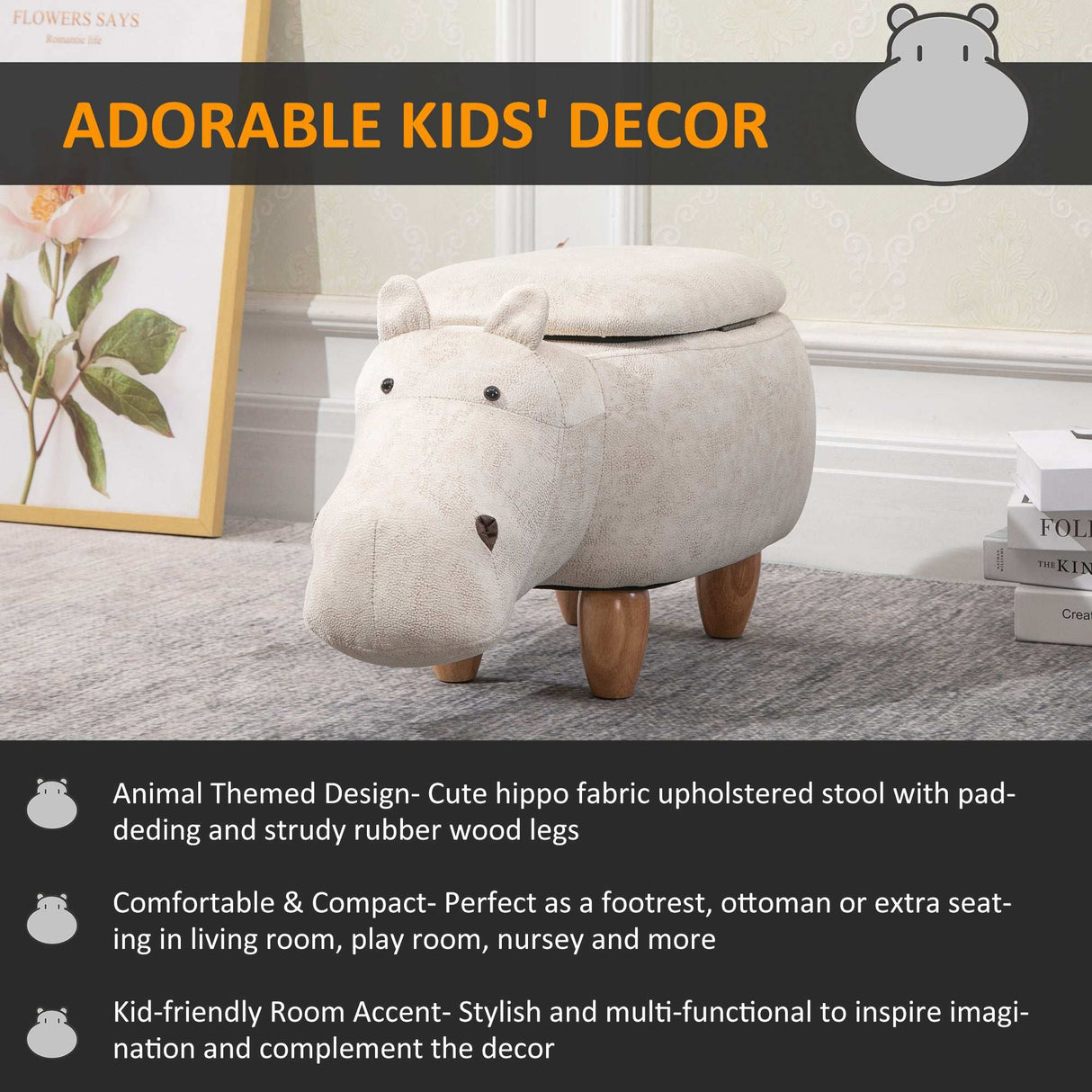 HOMCOM Hippo Storage Stool Cute Decoration Footrest Wood Frame Legs Cream HOMCOM