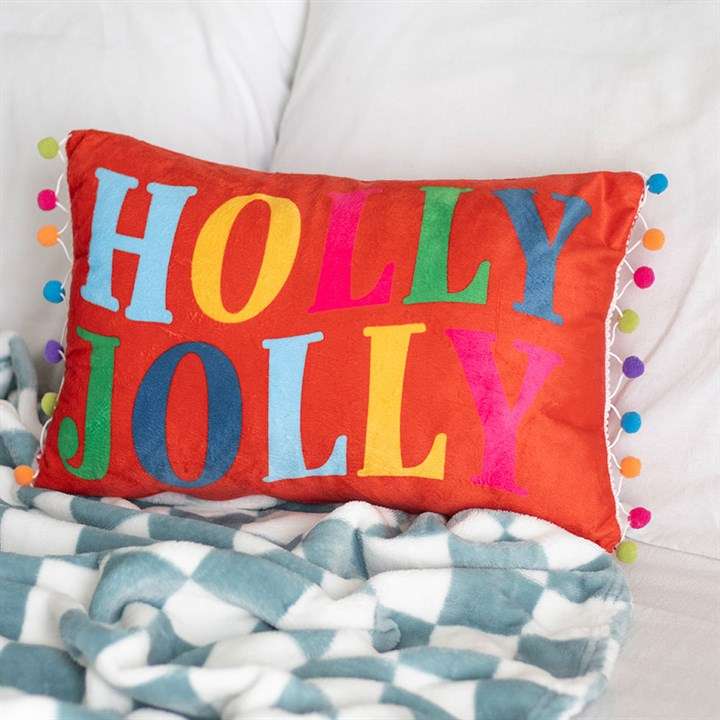 Red Holly Jolly Cushion with Pom Poms N/A