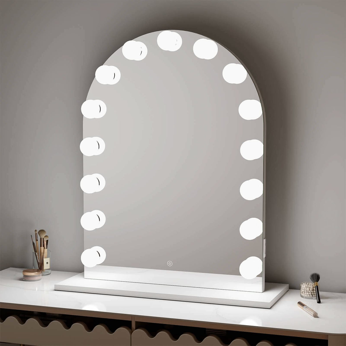Stylish Hollywood Mirror with Bright Bulbs for an Elegant Vanity Setup
