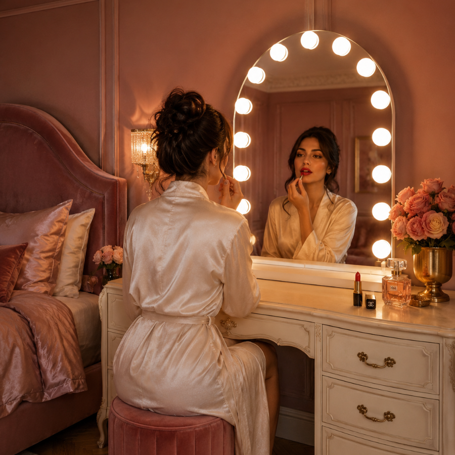 Elegant Hollywood Mirror surrounded by bright lights, reflecting a woman applying lipstick at her vanity