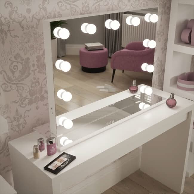 Hollywood Mirror with Bright LED Lights and Stylish White Vanity for Perfect Make-up Application