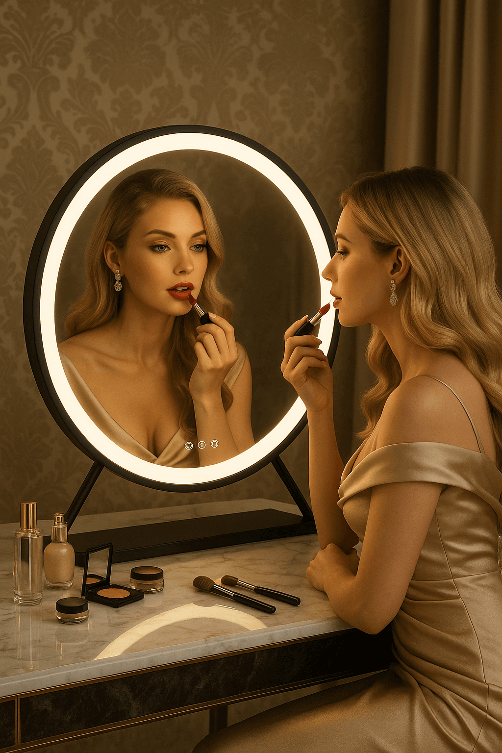 Elegant woman applying lipstick in front of a stylish Hollywood Mirror with soft lighting