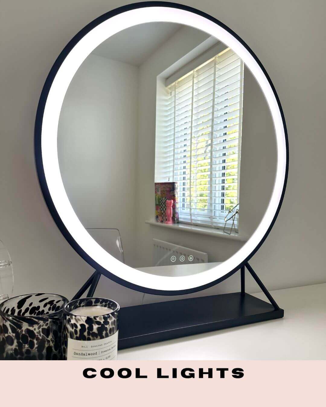 Hollywood Mirror with Cool Lights and Minimalist Stand for Elegant Home Decor