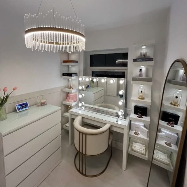 Stylish Hollywood Mirror in a modern vanity setup with soft lighting and elegant decor