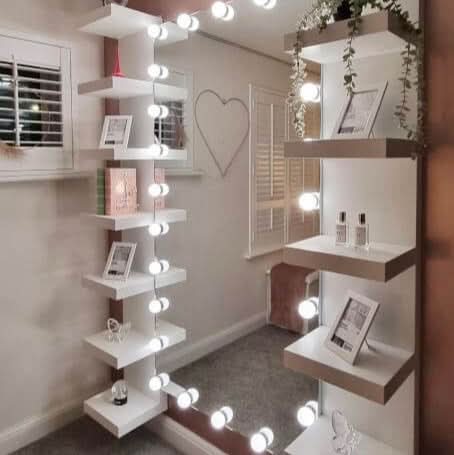 Full Length Hollywood Mirror with Bright LED Bulbs and Stylish Shelves for Beauty and Decor