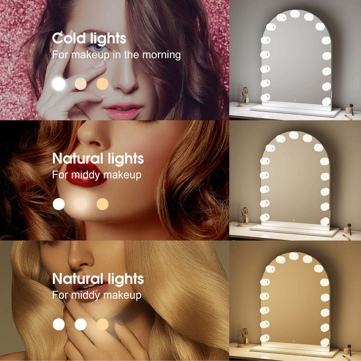 Hollywood Mirror with adjustable cold and natural lights for perfect makeup application