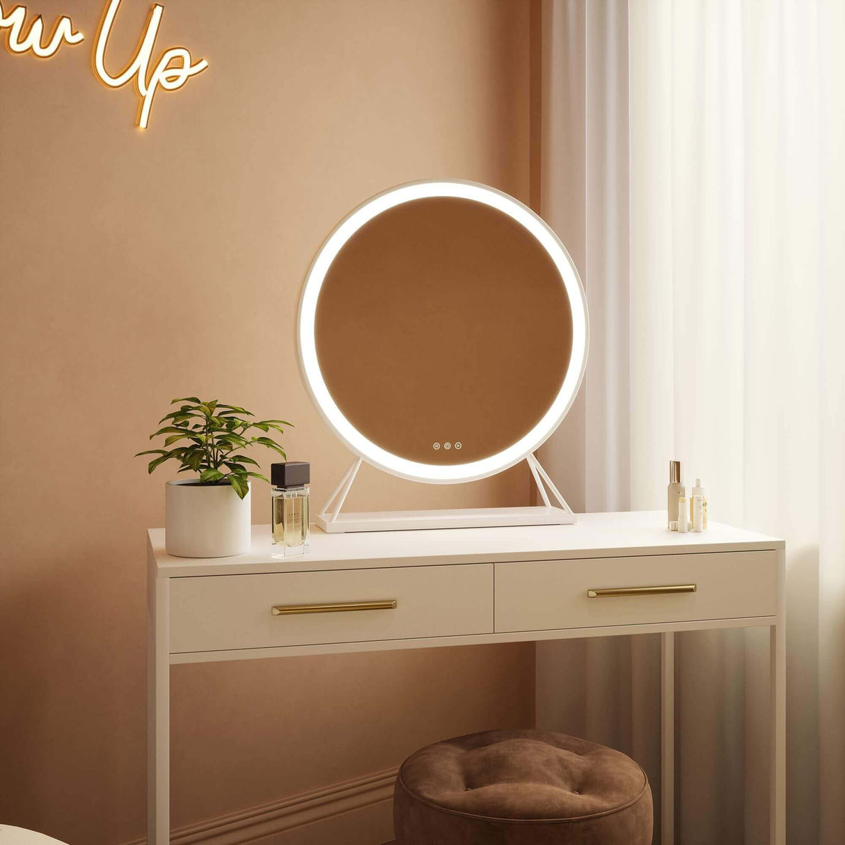 Modern Hollywood Mirror with LED lights on elegant vanity table for stylish makeup application