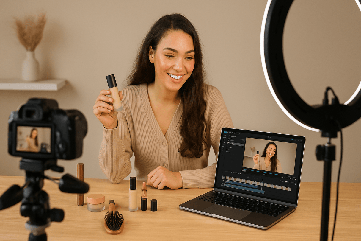 Content creator using Hollywood Mirror with makeup products at a video recording session