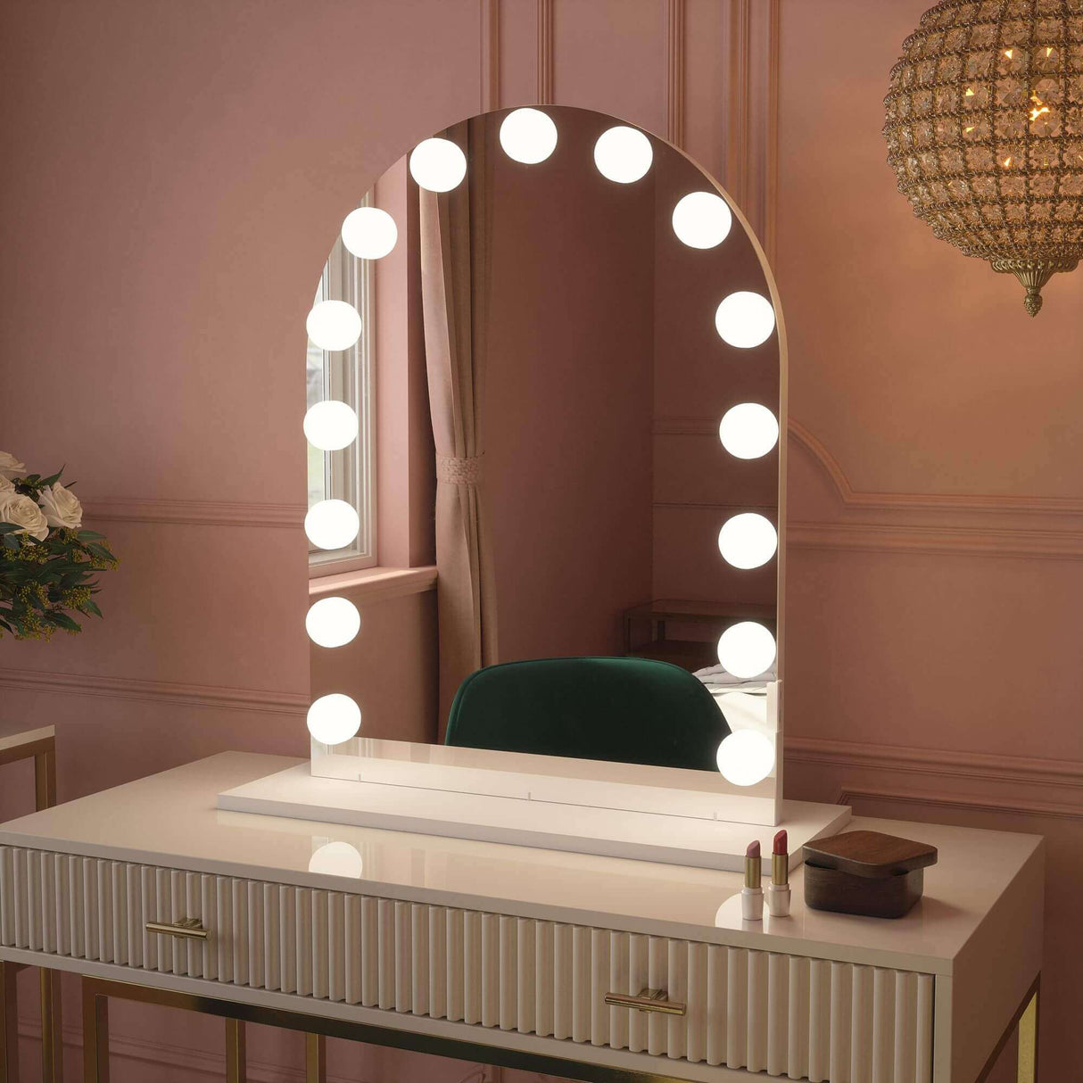 Elegant Hollywood Mirror with bright lights and arch design, perfect for vanity setups