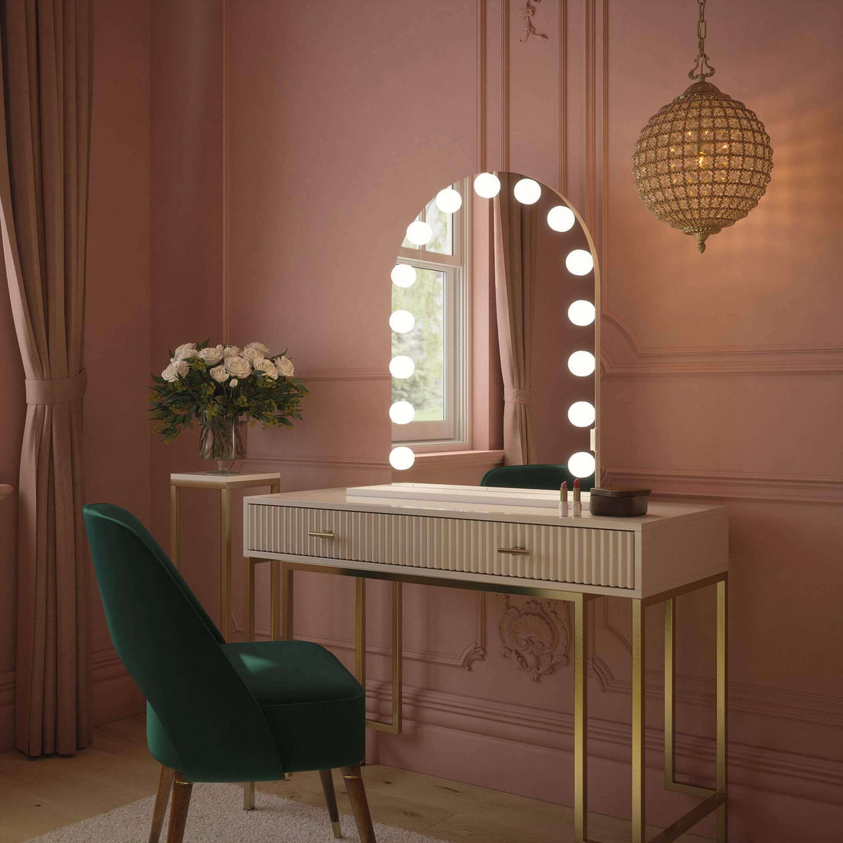 Elegant Hollywood Mirror with Lights Above a Chic White Dressing Table in Stylish Room
