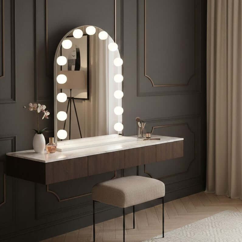 Stylish Hollywood Mirror with Glamorous Bulbs above a Modern Dressing Table in a Chic Room