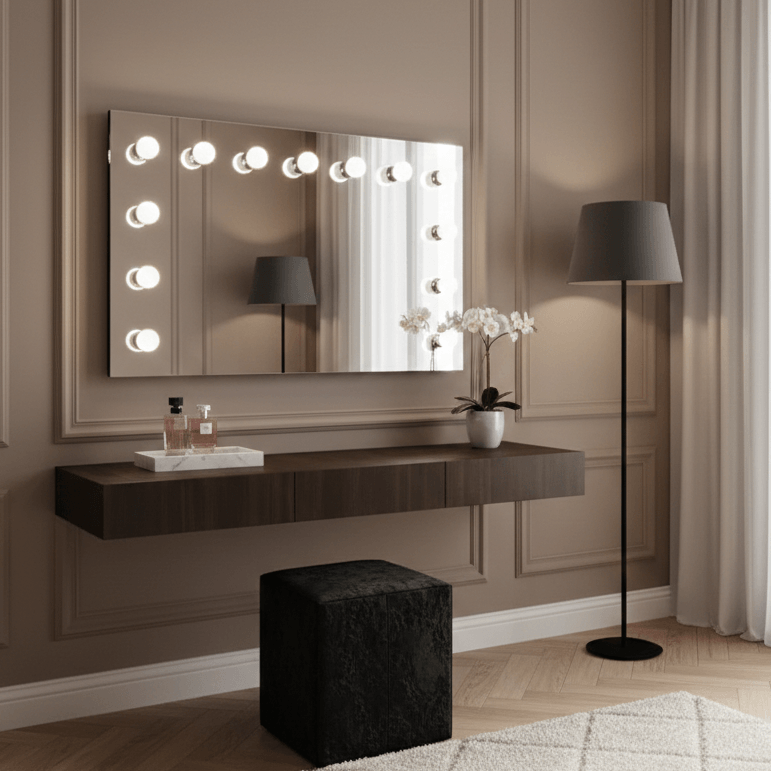 Stylish Hollywood Mirror with Bright LED Lights, adding glamour to modern home decor