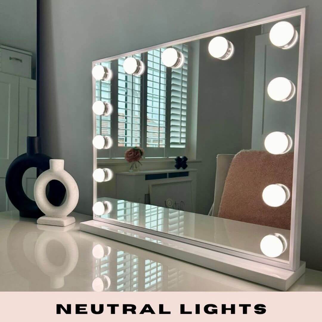 Hollywood Mirror with bright neutral lights, perfect for makeup application and vanity setups
