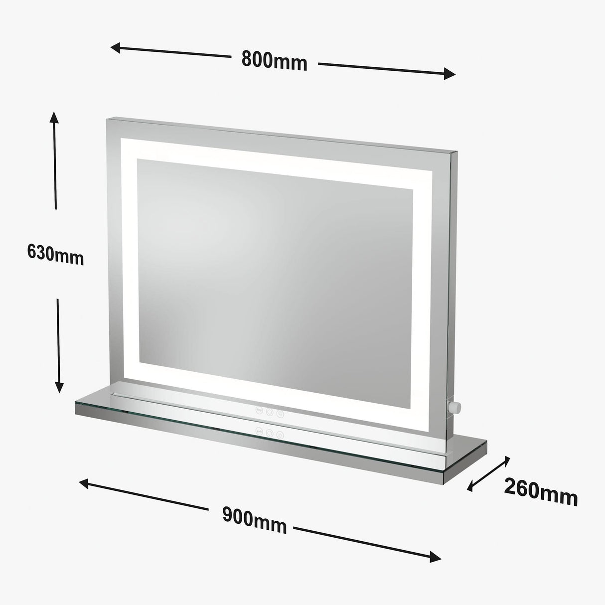 Hollywood Pro Mirror with LED lighting, stylish design, and dimensions of 800mm by 630mm