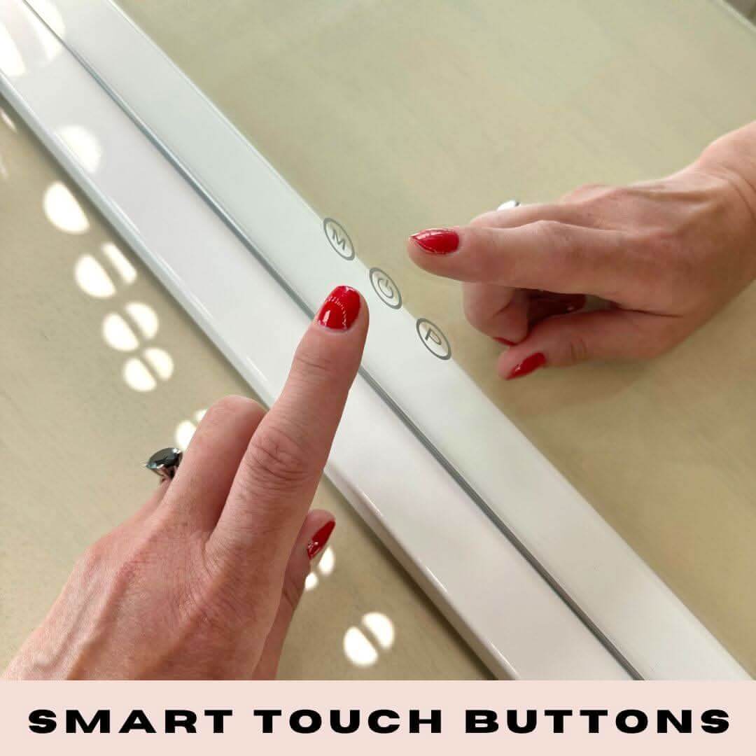 Close-up of a Hollywood Mirror with smart touch buttons for easy lighting control