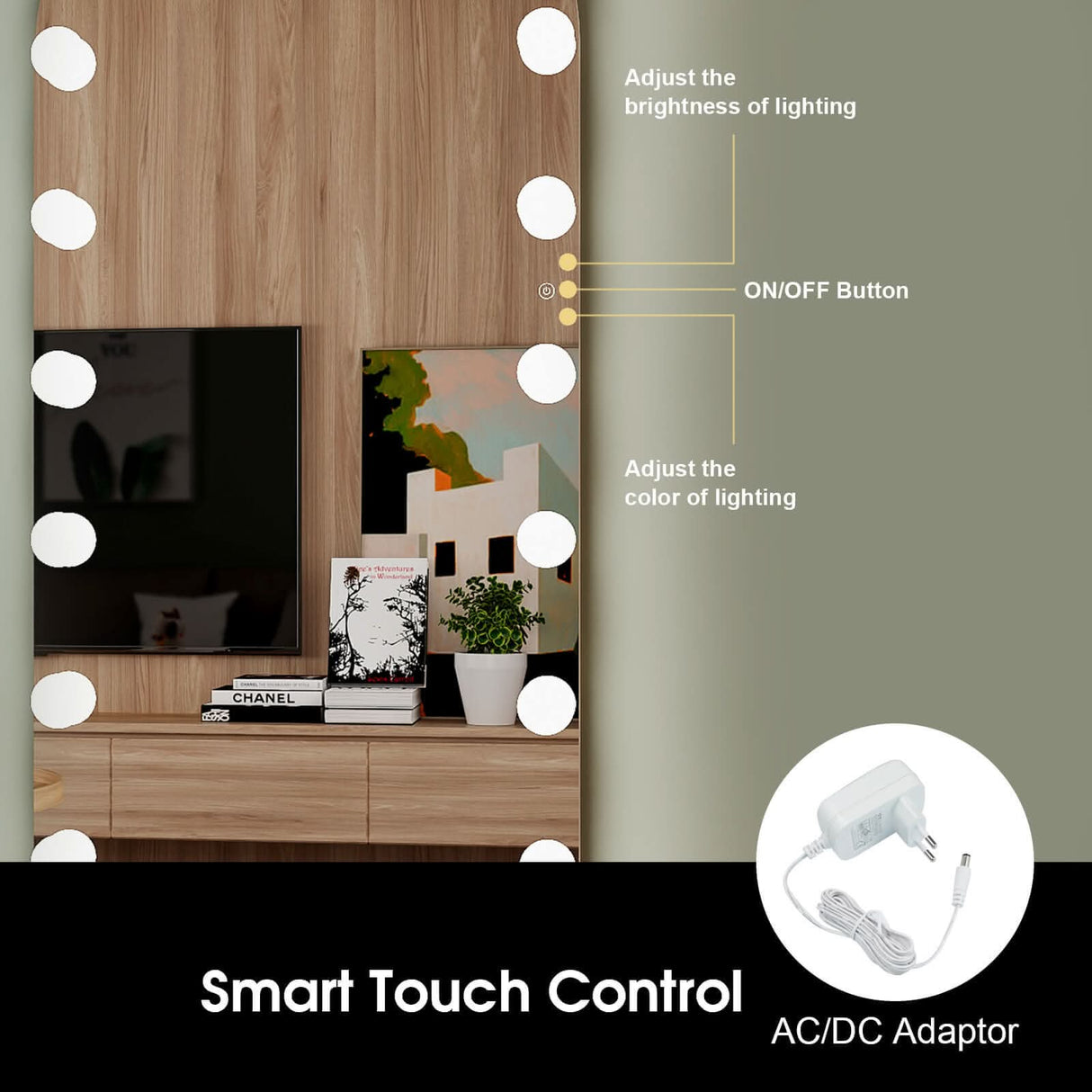 Hollywood Mirror with smart touch control for adjustable lighting brightness and colour settings