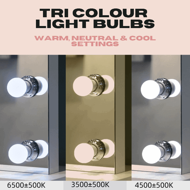 Tri Colour Light Bulbs for Hollywood Mirror in Warm, Neutral, and Cool Settings