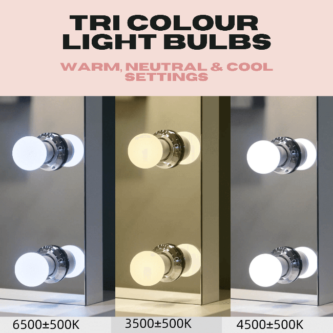 Tri Colour Light Bulbs for Hollywood Mirror with warm, neutral and cool settings