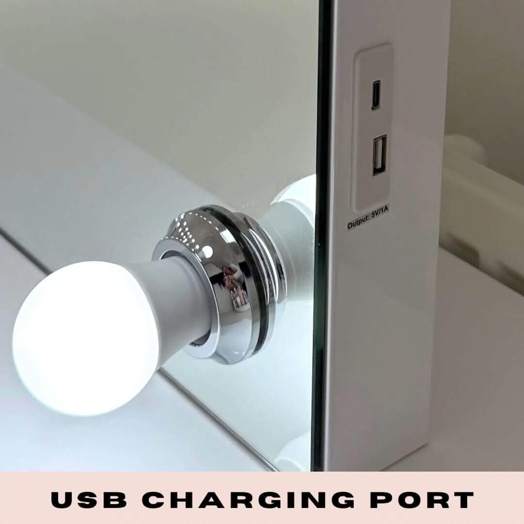 Hollywood Mirror with USB charging port and stylish light bulb for modern makeup routines
