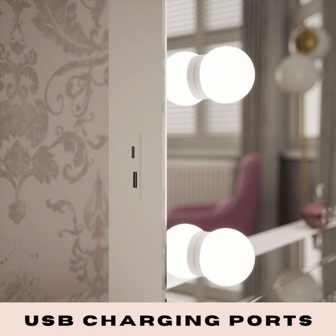 Hollywood Mirror with integrated USB charging ports for convenient device charging