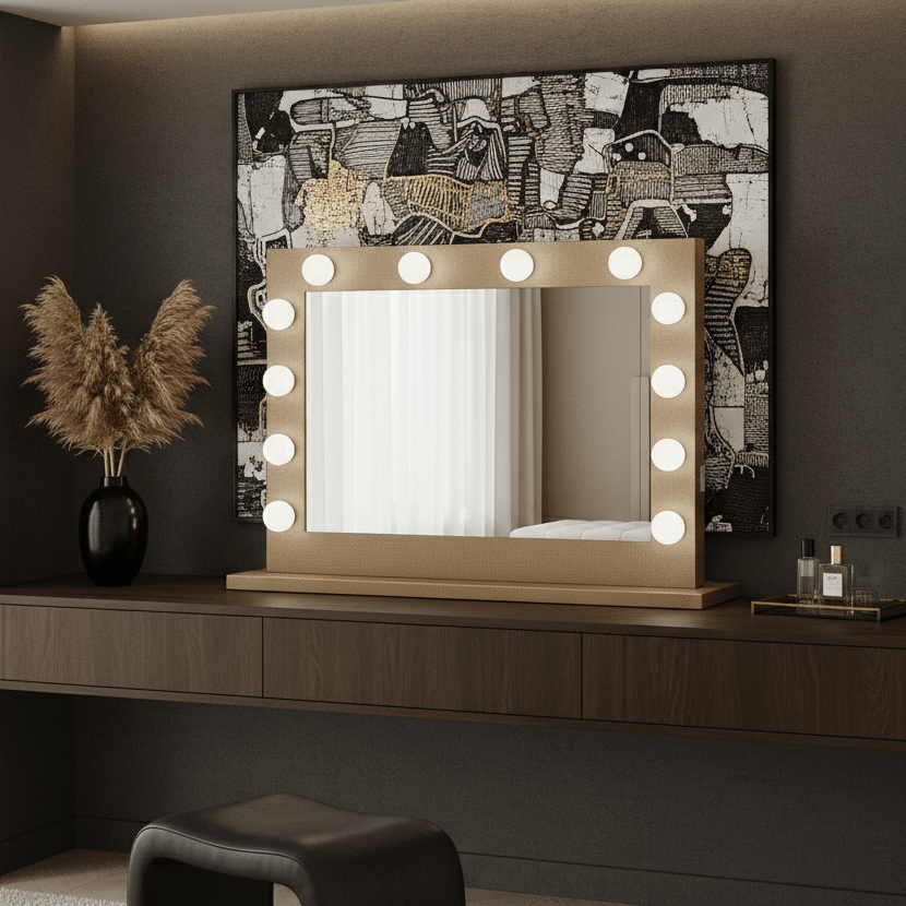 Elegant Hollywood Mirror with Bright Bulbs on a Stylish Makeup Vanity, Ideal for Glamorous Looks