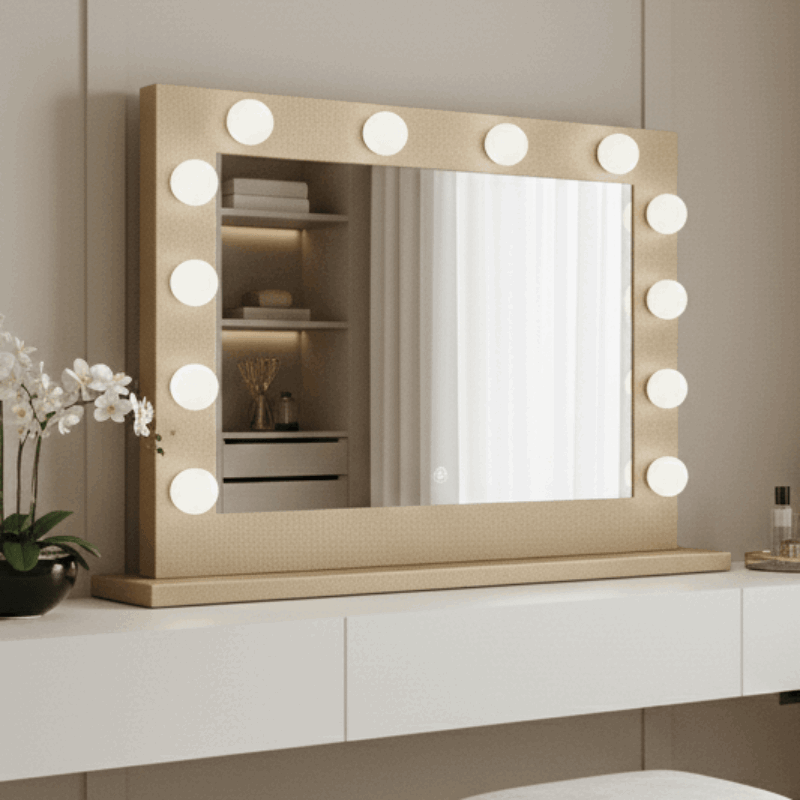Stylish Hollywood Mirror with bright circular lights and a sleek design for elegant makeup application
