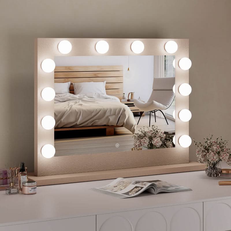 Hollywood Mirror with LED Bulbs on a Dressing Table in a Chic Bedroom Setting