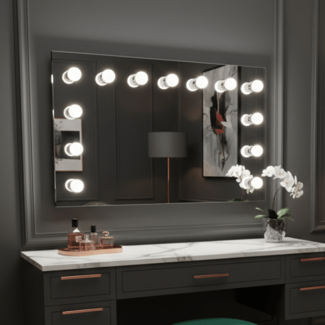 Spacious Hollywood Mirror with Bright Bulbs, Complementing Stylish Vanity and Modern Decor