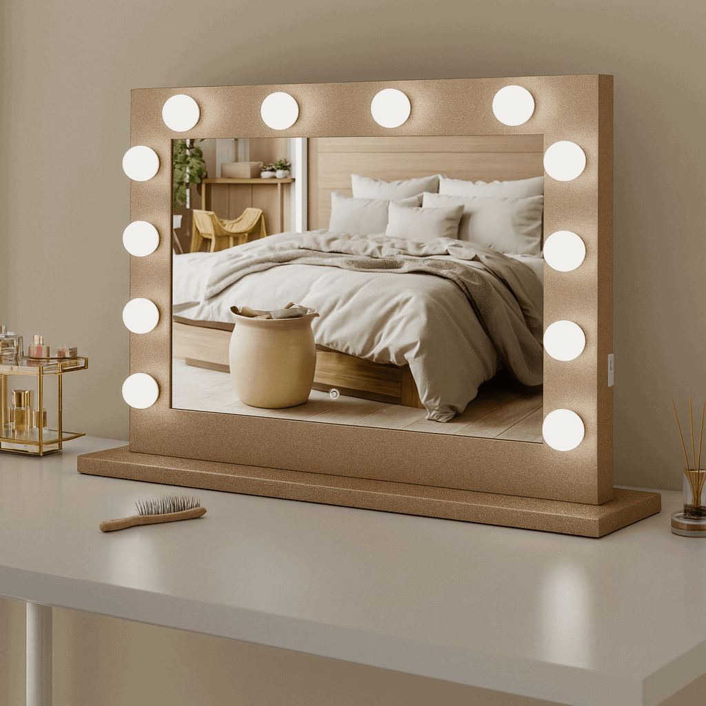 Elegant Hollywood Mirror with bright bulbs, perfect for makeup and grooming in chic bedroom decor