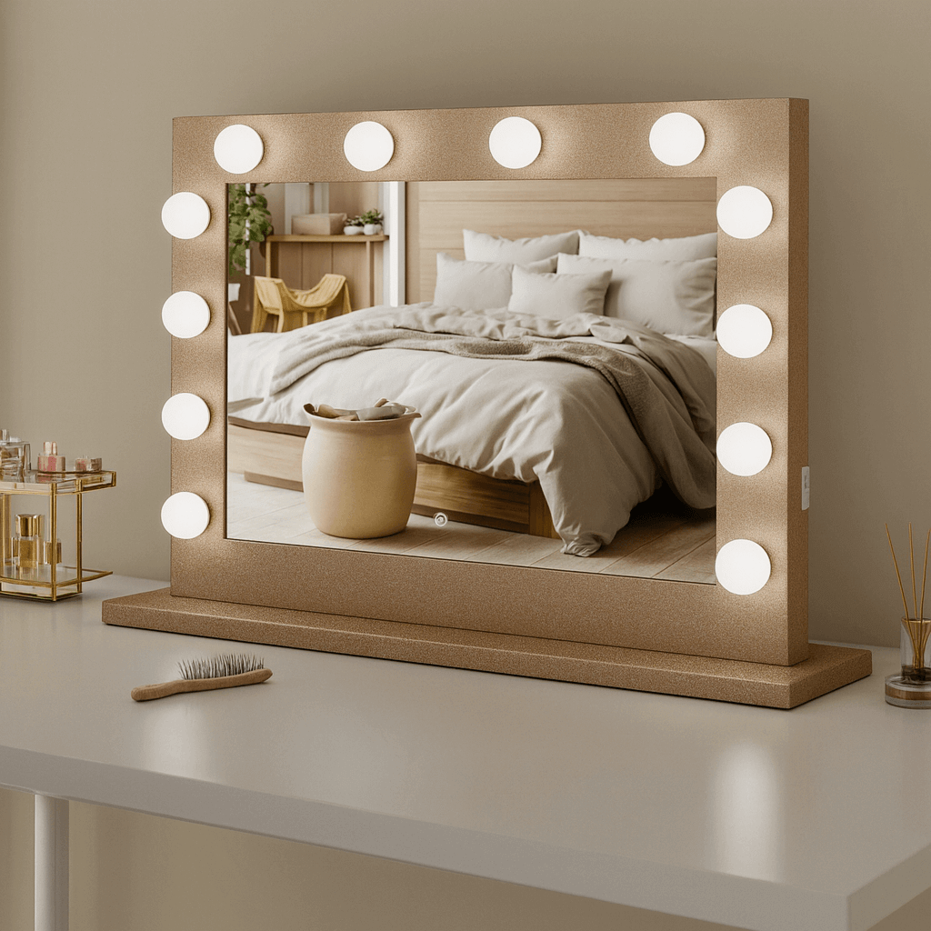 Elegant Hollywood Mirror with bright bulbs, perfect for makeup and grooming in chic bedroom decor